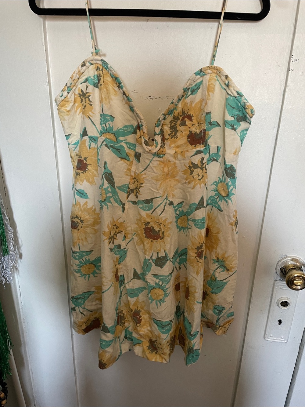 Free People Cream Floral Midi Dress with Yellow Sunflowers and Teal Leaves